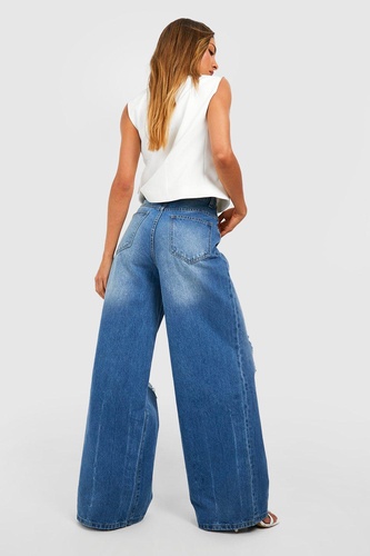 Vintage Wash Wide Leg Distressed Jeans