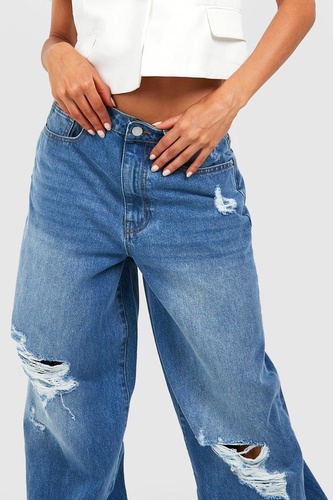 Vintage Wash Wide Leg Distressed Jeans