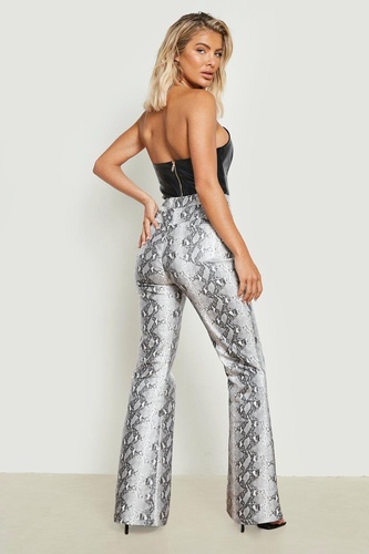 Pu Coated Snake Print Flared Jeans