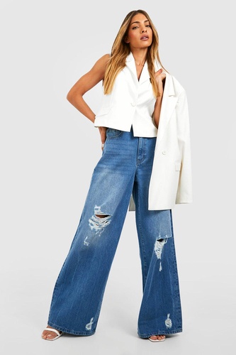 Vintage Wash Wide Leg Distressed Jeans