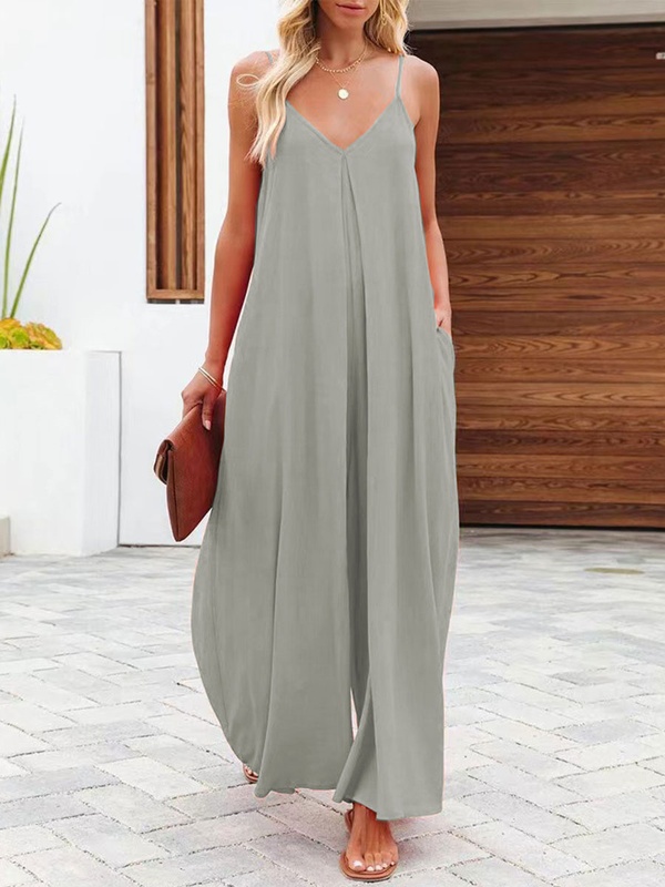 Solid Color Side Pocket Casual Wide leg Suspender Jumpsuit