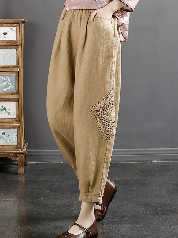 Casual Loose Lace Paneled Cotton And Linen Elastic Waist Pants