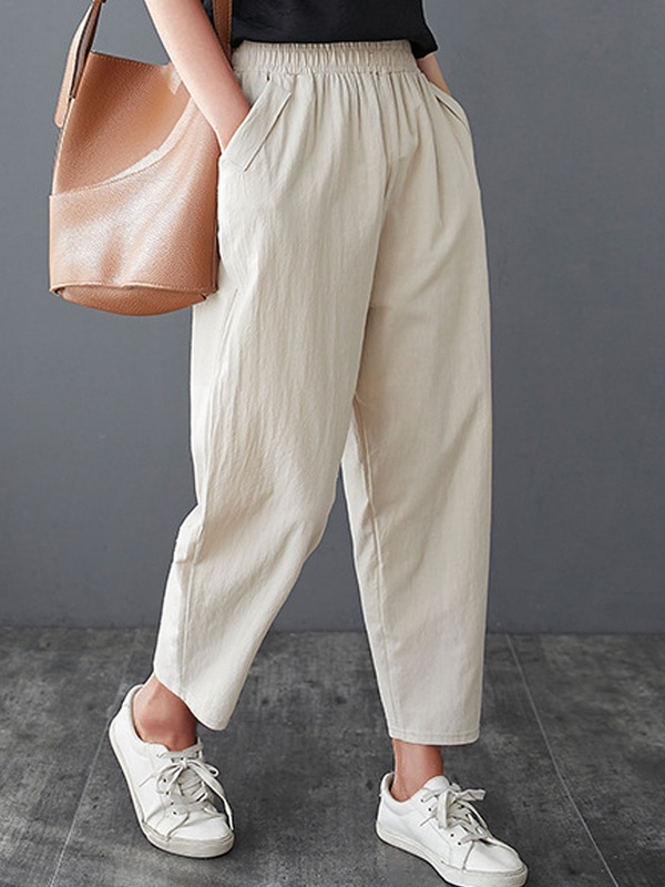 Casual Loose Solid Color Elastic Waist Pants