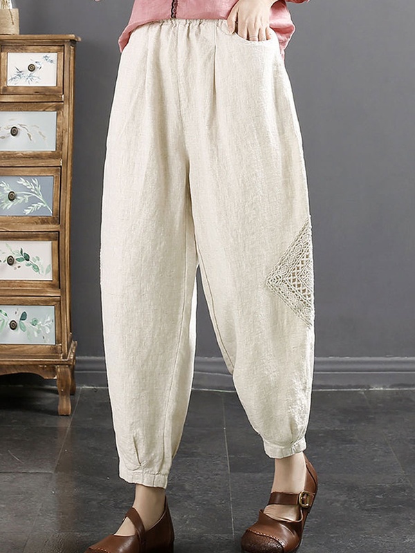 Casual Loose Lace Paneled Cotton And Linen Elastic Waist Pants