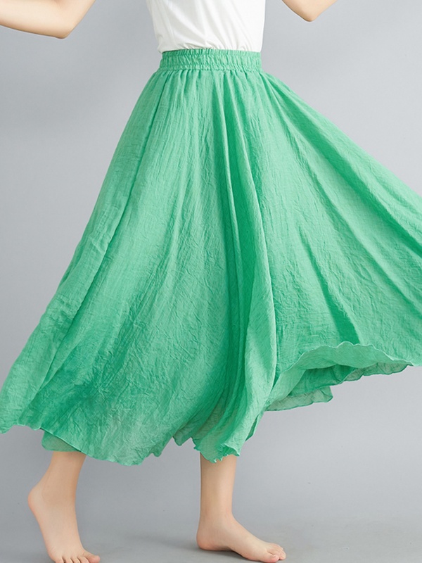 Solid Color Cotton And Linen Elastic Waist Skirt