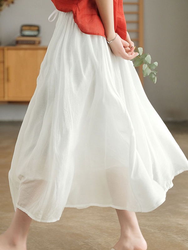 Solid Color Loose Tencel Tie Elastic Waist Skirt