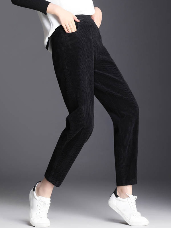 Casual Solid Color Corduroy Fleece Pants