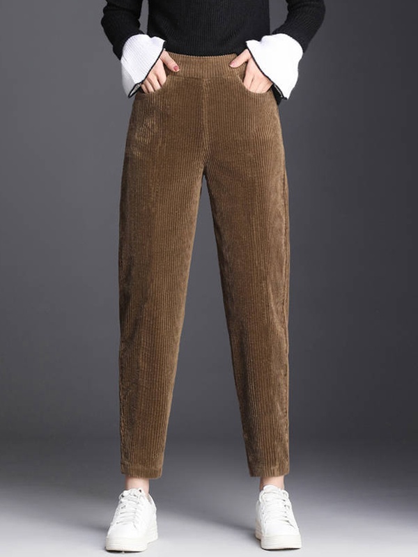 Casual Solid Color Corduroy Fleece Pants