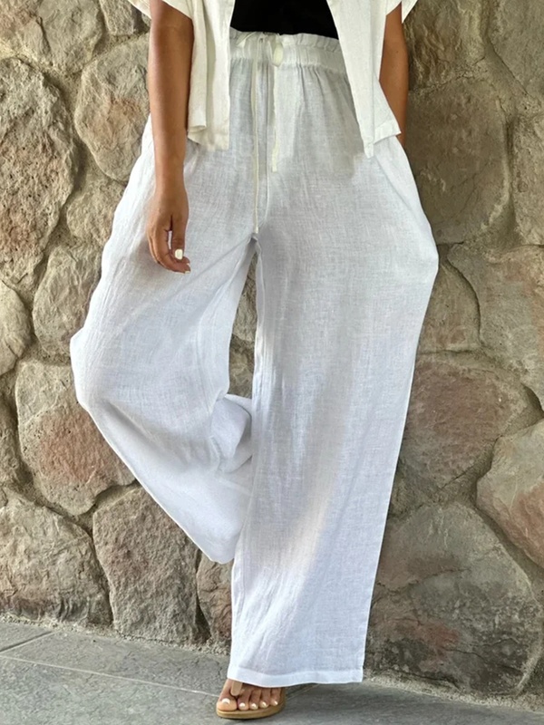 Loose Pocket Drawcord Wasit Casual White Linen Pants