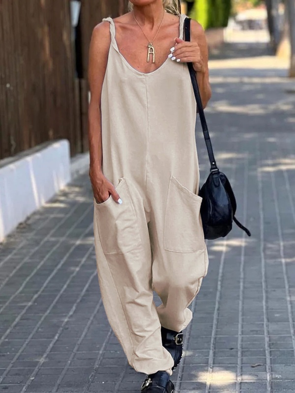 Casual Loose Solid Color Pocket Beach Jumpsuit