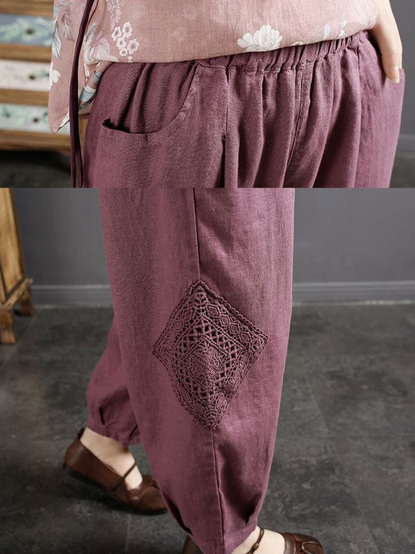 Casual Loose Lace Paneled Cotton And Linen Elastic Waist Pants