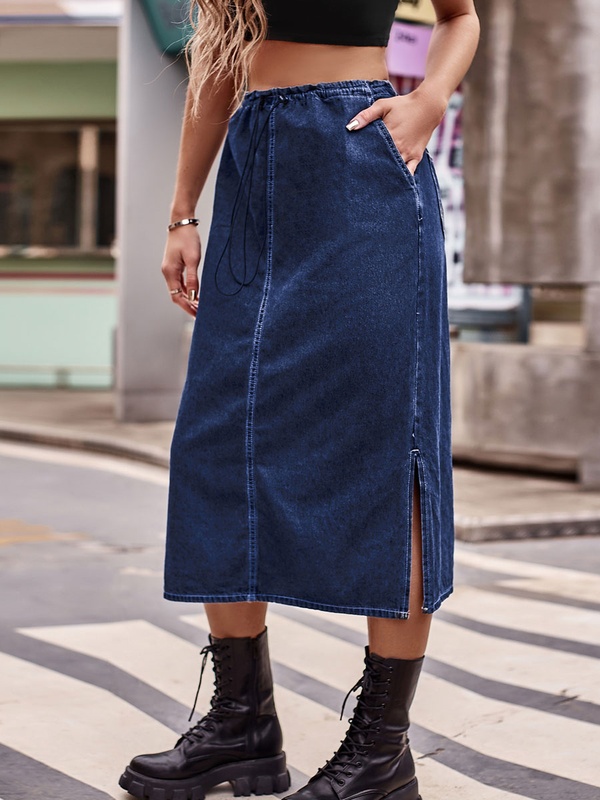 Elasticated Waist Drawstring Denim Midi Skirt