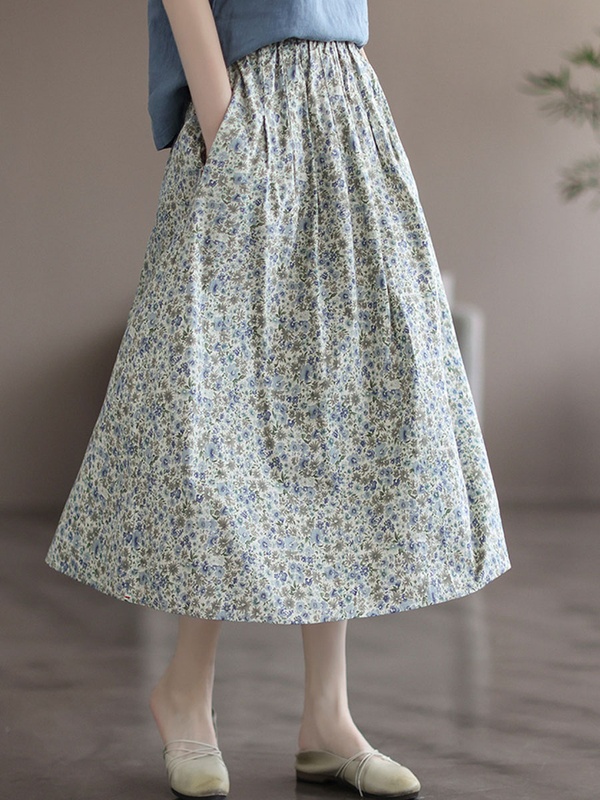 Linen Vintage Loose Floral Print Elastic Waist Skirt