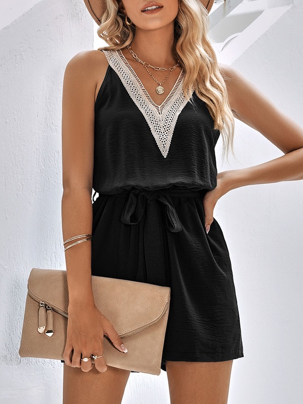 Casual Lace V neck Solid Color Sleeveless Jumpsuit