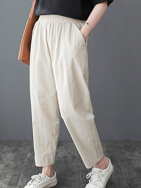 Casual Loose Solid Color Elastic Waist Pants