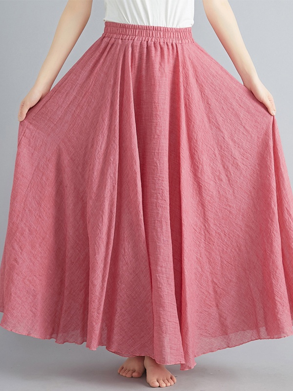 Solid Color Cotton And Linen Elastic Waist Skirt