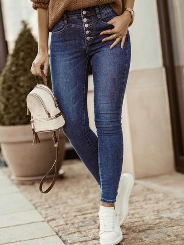 Dark Blue Buttoned Stretch Slim Jeans