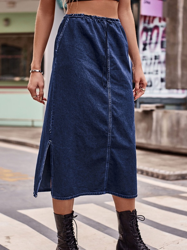 Elasticated Waist Drawstring Denim Midi Skirt