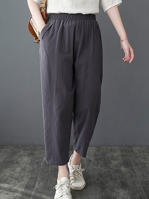 Casual Loose Solid Color Elastic Waist Pants