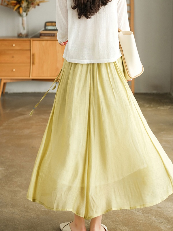 Solid Color Loose Tencel Tie Elastic Waist Skirt