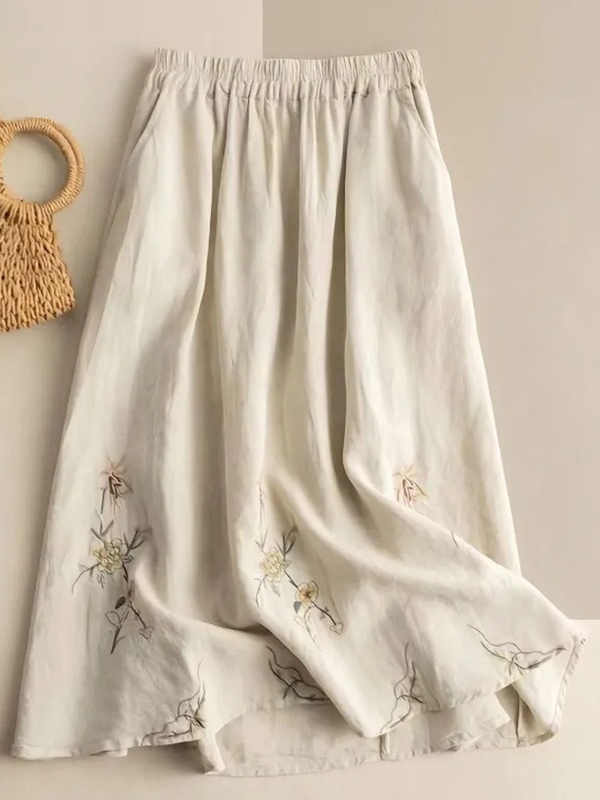 Casual Loose Floral Embroidered Elastic Waist Skirt