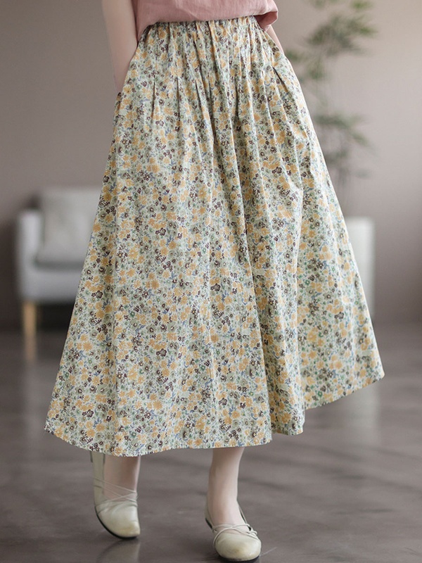 Linen Vintage Loose Floral Print Elastic Waist Skirt