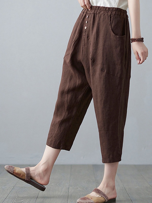 Casual Loose Solid Color Elastic Waist Pants