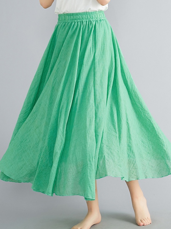 Solid Color Cotton And Linen Elastic Waist Skirt