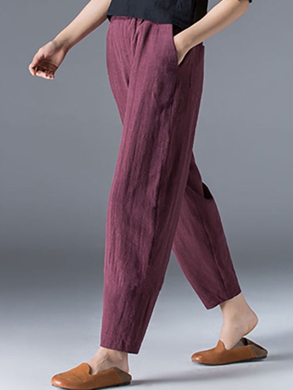 Loose Casual Solid Color Elastic Waist Pants