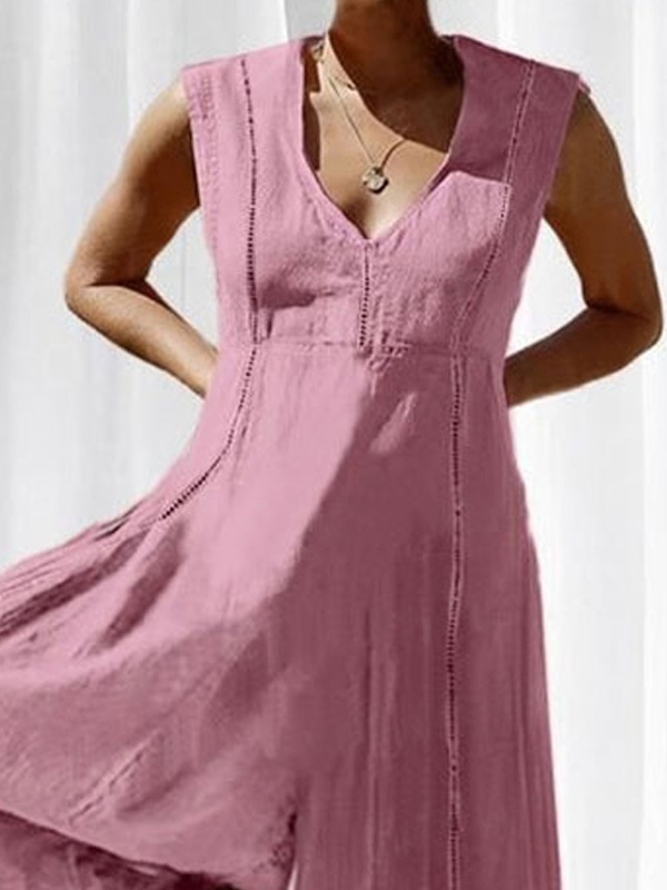 Fashion Casual Loose V neck Long Sleeveless Jumpsuit