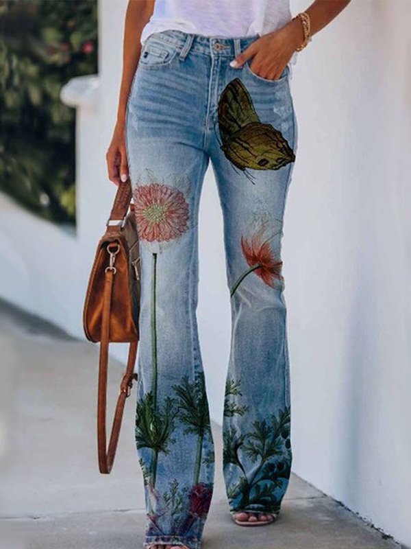 Denim Print Loose Retro Pants