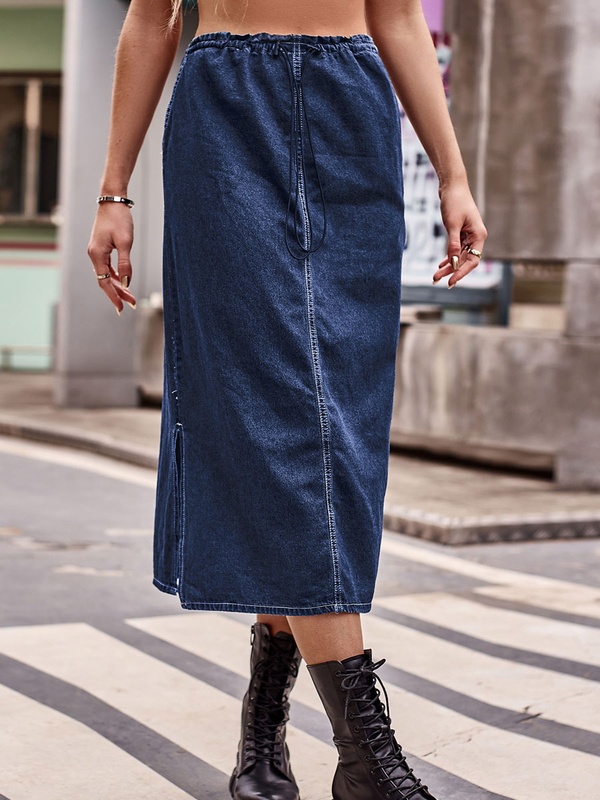 Elasticated Waist Drawstring Denim Midi Skirt