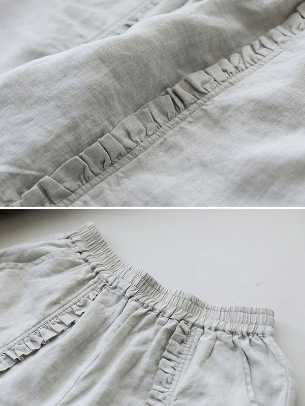 Casual Loose Retro Pleated Cotton And Linen Elastic Waist Shorts