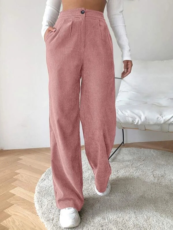 Casual Loose Solid Corduroy Elastic Waist Pants