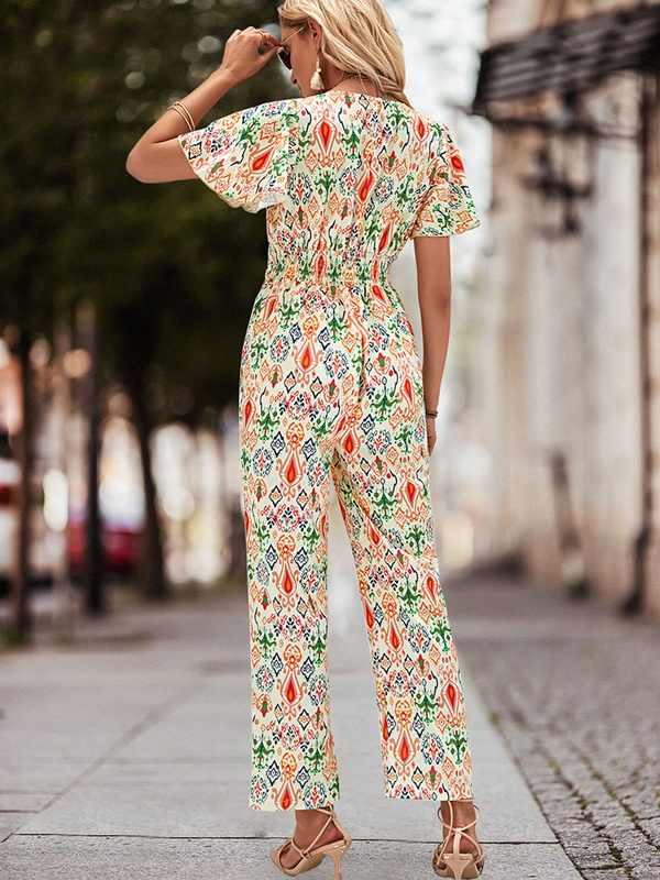 Cross border V neck Print Jumpsuit