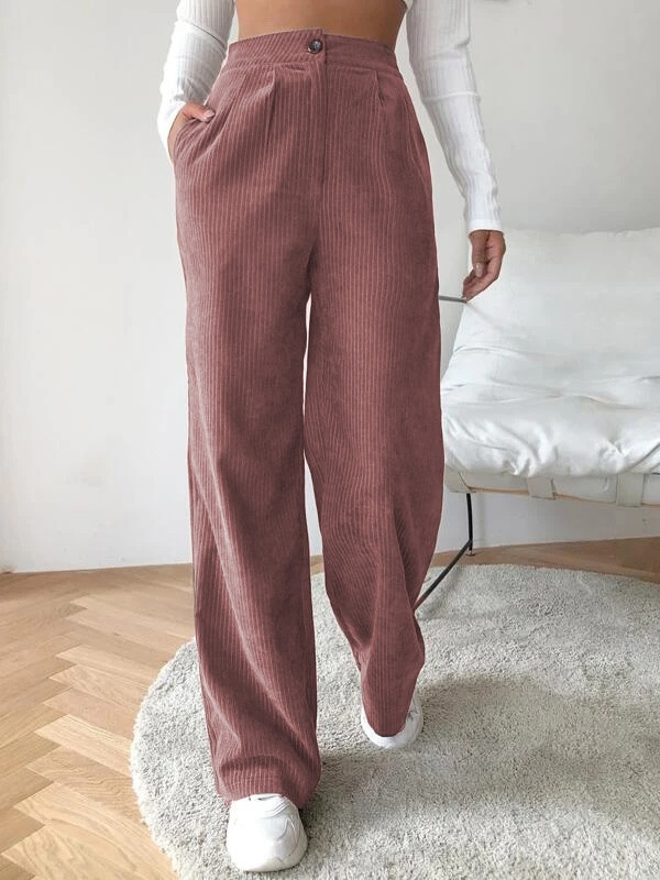 Casual Loose Solid Corduroy Elastic Waist Pants