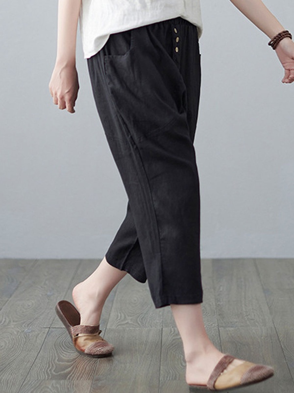 Casual Loose Solid Color Elastic Waist Pants