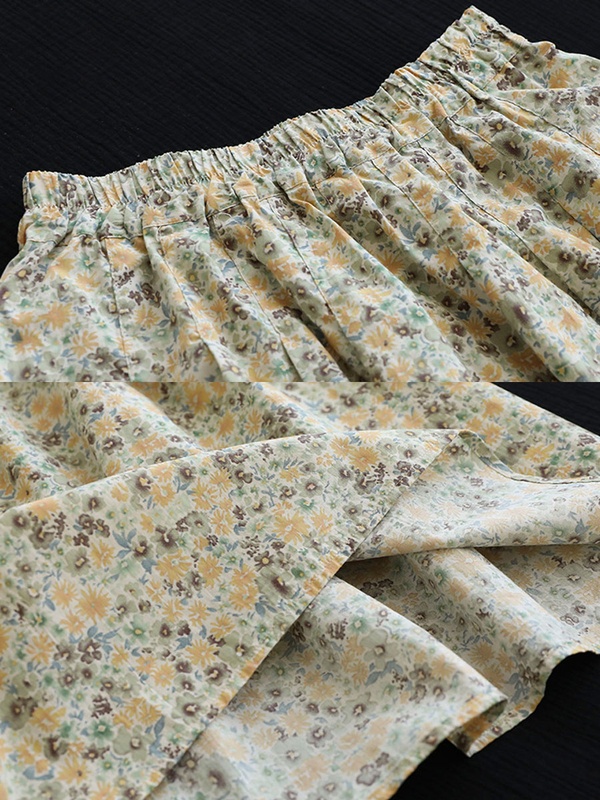 Linen Vintage Loose Floral Print Elastic Waist Skirt