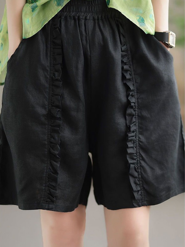 Casual Loose Retro Pleated Cotton And Linen Elastic Waist Shorts