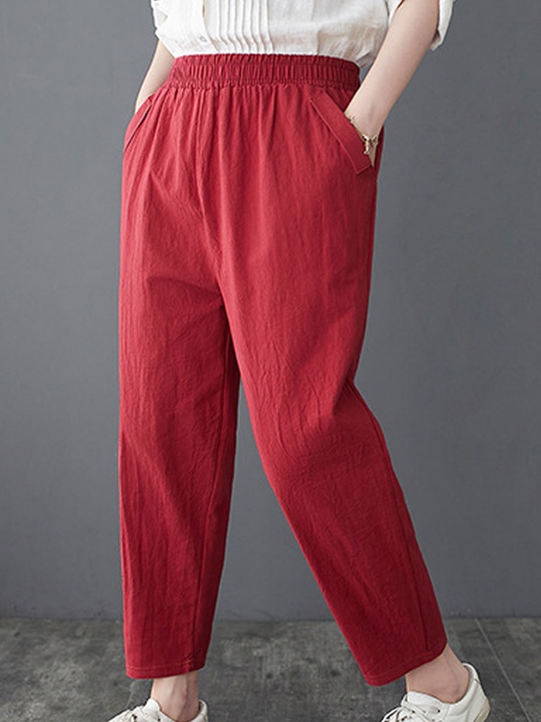 Casual Loose Solid Color Elastic Waist Pants