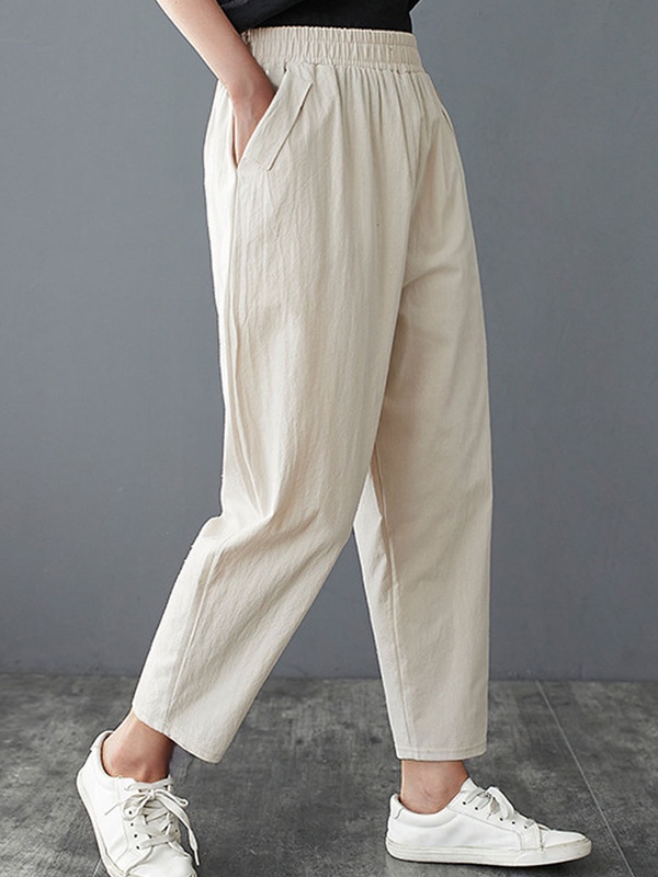 Casual Loose Solid Color Elastic Waist Pants