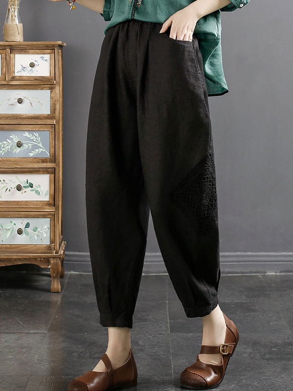 Casual Loose Lace Paneled Cotton And Linen Elastic Waist Pants