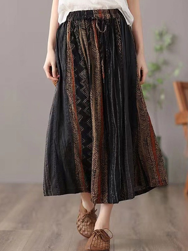 Loose Casual Print Tie Elastic Waist Skirt