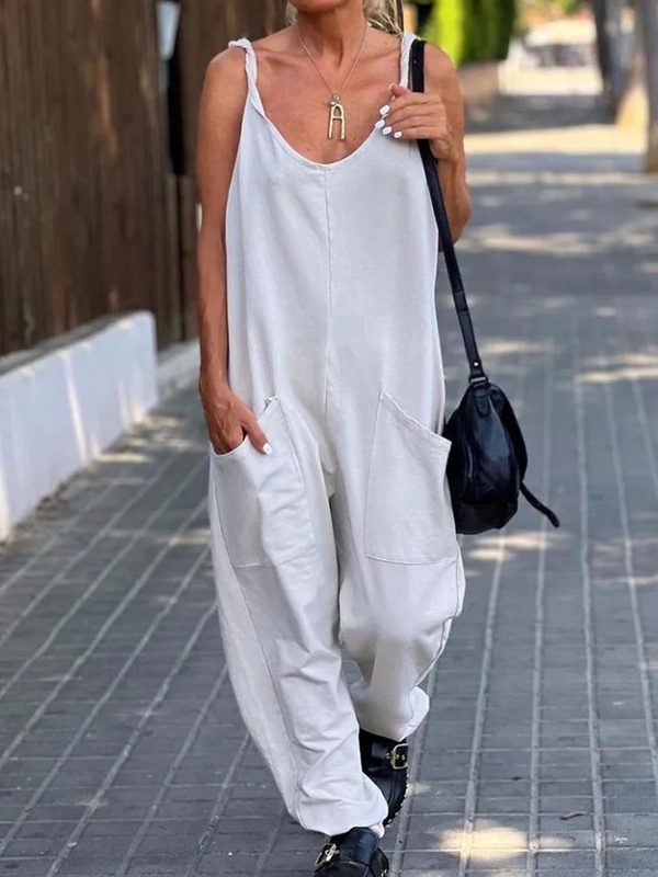 Casual Loose Solid Color Pocket Beach Jumpsuit