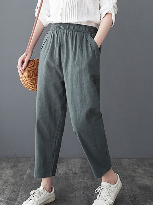 Casual Loose Solid Color Elastic Waist Pants