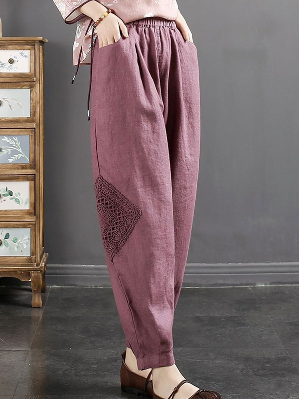 Casual Loose Lace Paneled Cotton And Linen Elastic Waist Pants