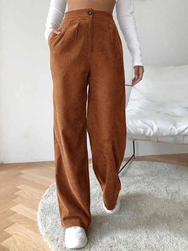 Casual Loose Solid Corduroy Elastic Waist Pants