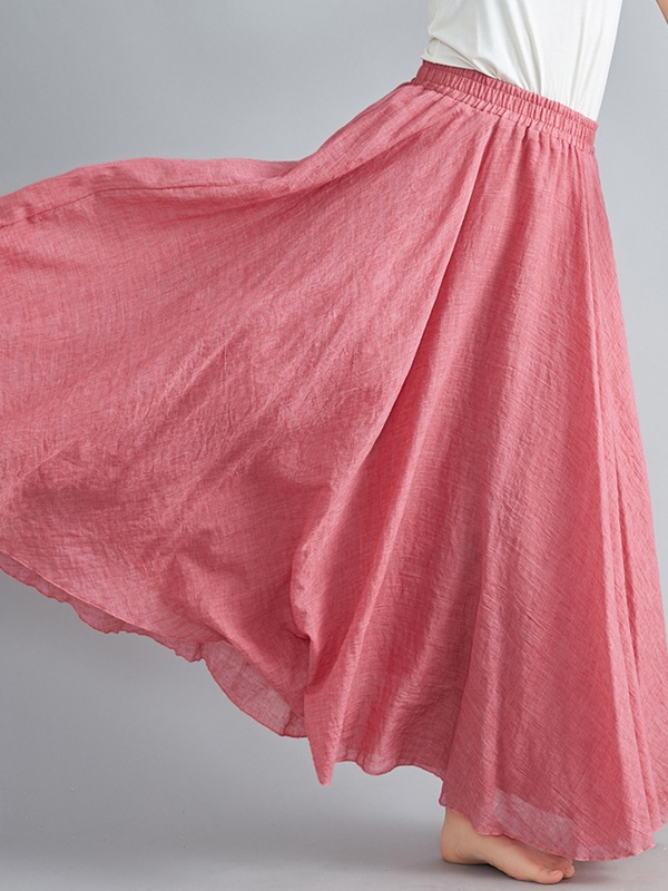 Solid Color Cotton And Linen Elastic Waist Skirt