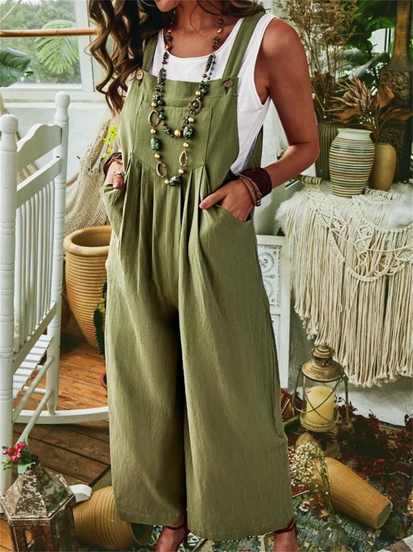 Solid Color Sleeveless Pocket Casual Wide Leg Side Button Jumpsuit