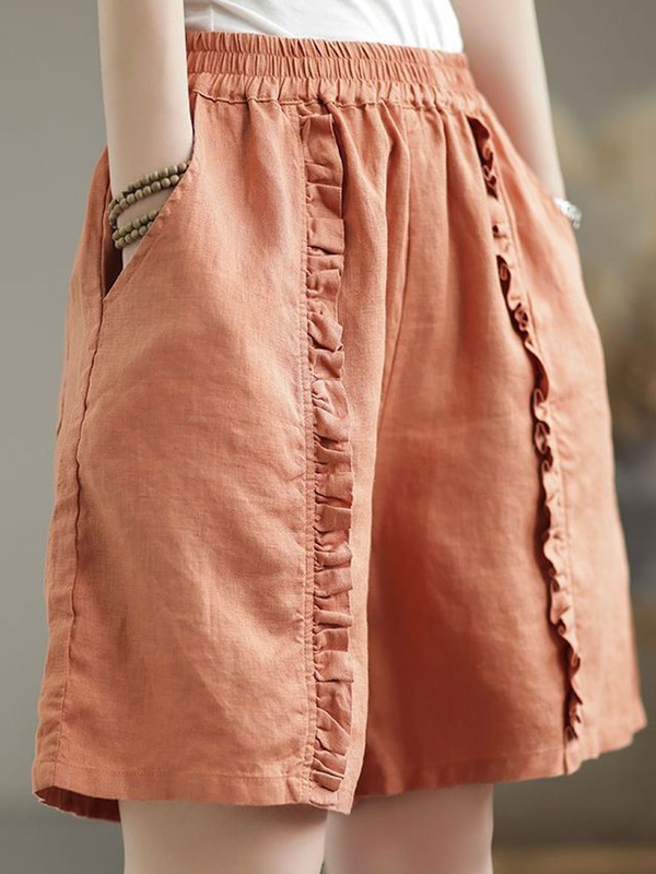 Casual Loose Retro Pleated Cotton And Linen Elastic Waist Shorts